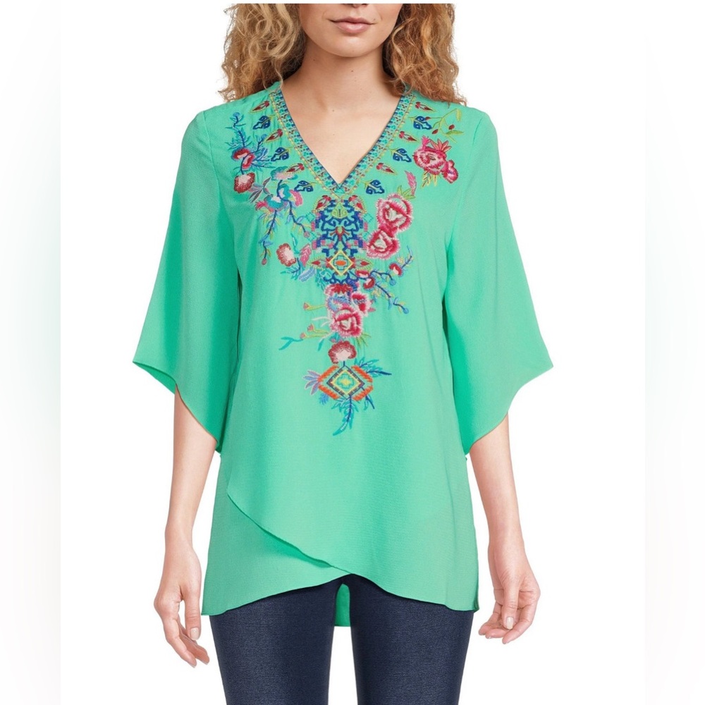 Calessa 1X Floral Embroidered V-Neck 3/4 Sleeve Asymmetrical Crossover H…
